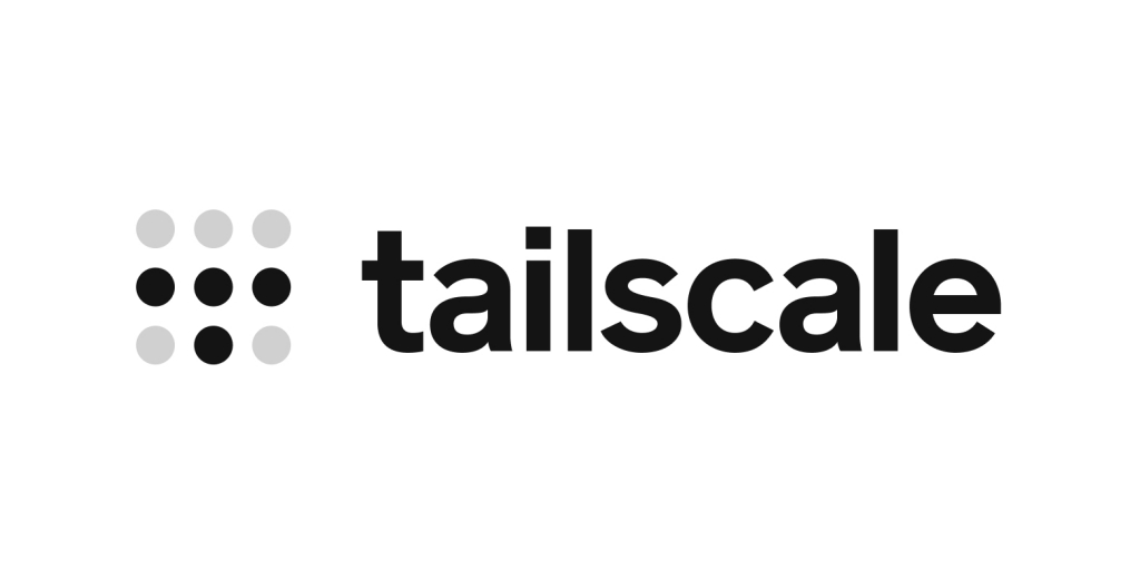 image of the tailscale logo with the word tailscale next to it. The logo is 9 grey dots, with the entire center horizontal row instead block dots, and the center dot on the bottom row is also block, making a little T