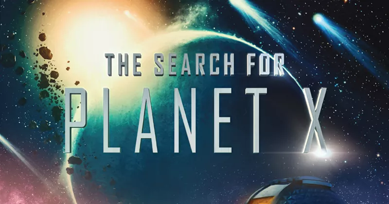 image of the box art for The Search for Planet X. Features a planet with a sun peaking out over it from the left, some asteroids, and shooting stars