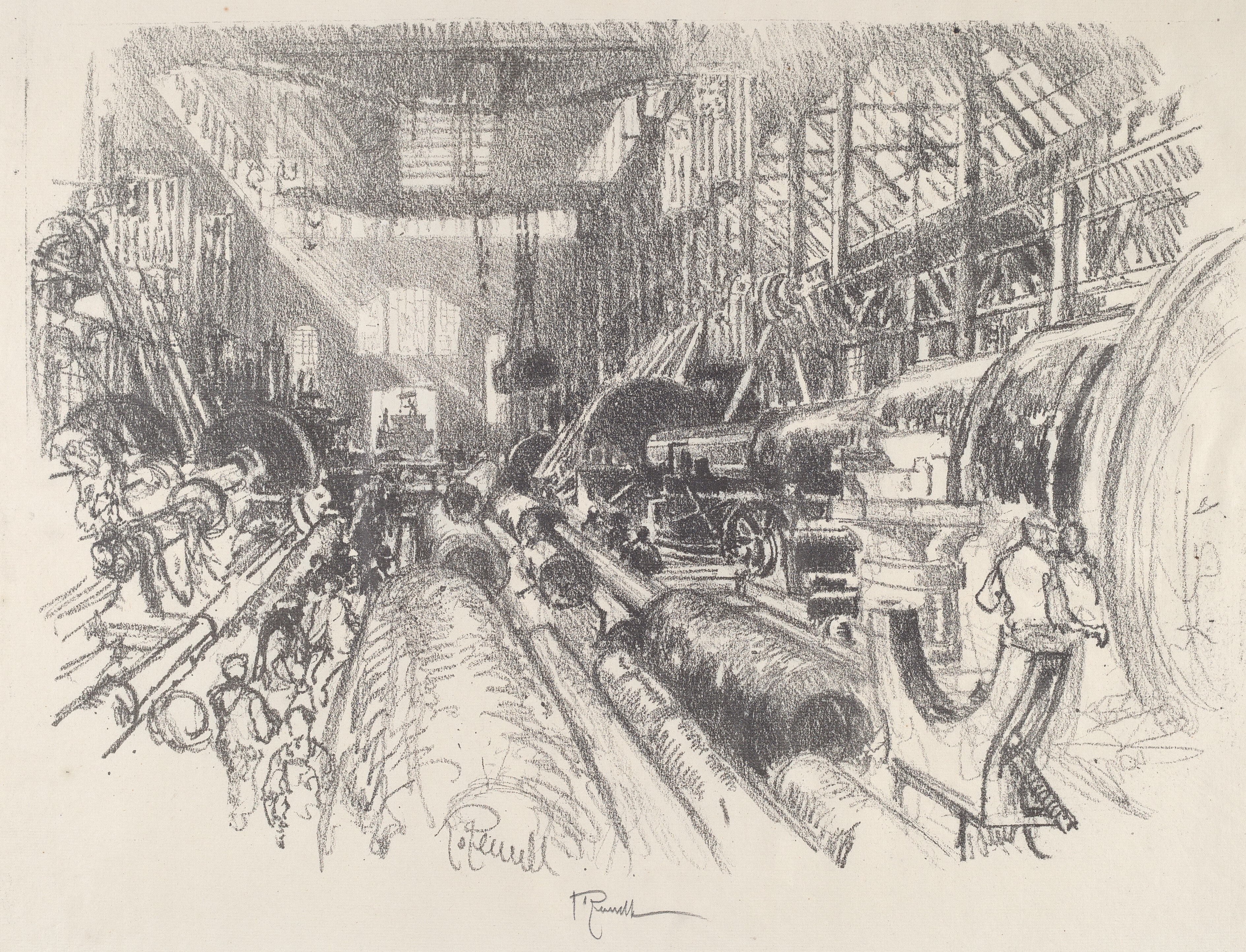 A lithograph of a bunch of big machine parts in a warehouse