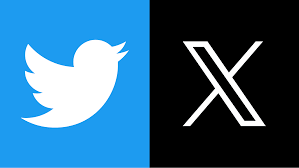 an image showing both the old twitter logo (white bird on a blue background) and the new x logo (black background with a white x)