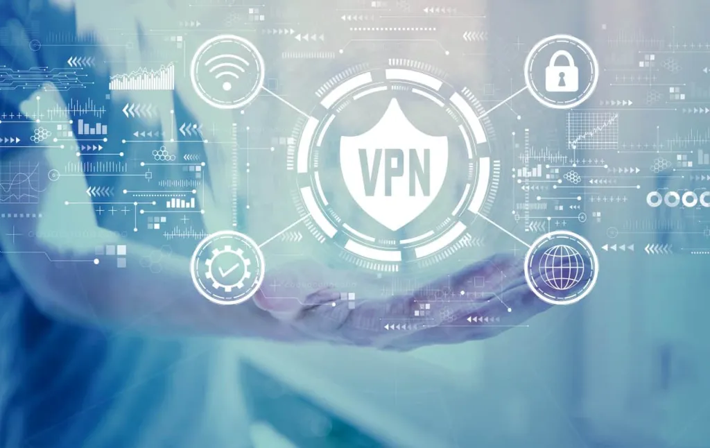 techy looking image with a person holding out their hand and the word VPN floats above it with other misc computer looking symbols